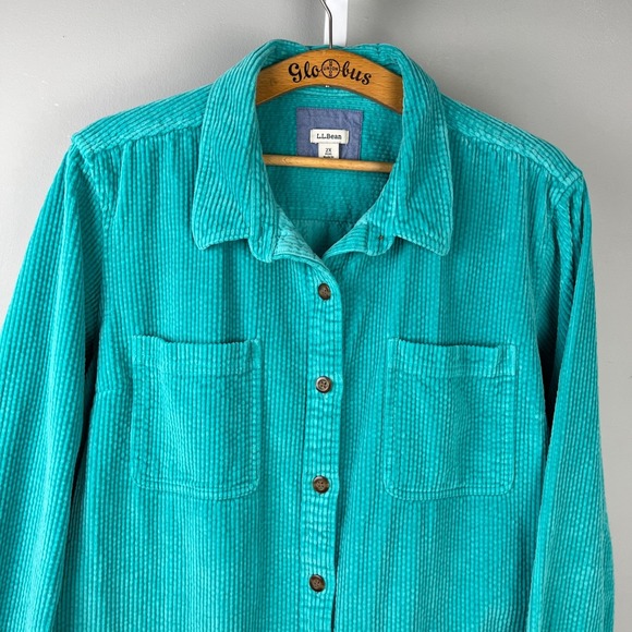 L.L. Bean Womens Comfort Corduroy Shirt 2X Shacket Button Up Turquoise Cotton - Picture 3 of 8
